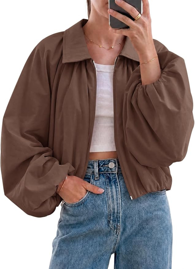 Tankaneo Womens Cropped Jackets Bomber Coat Fall Casual Zip Up Outerwear | Pleated Puff Long Slee... | Amazon (US)