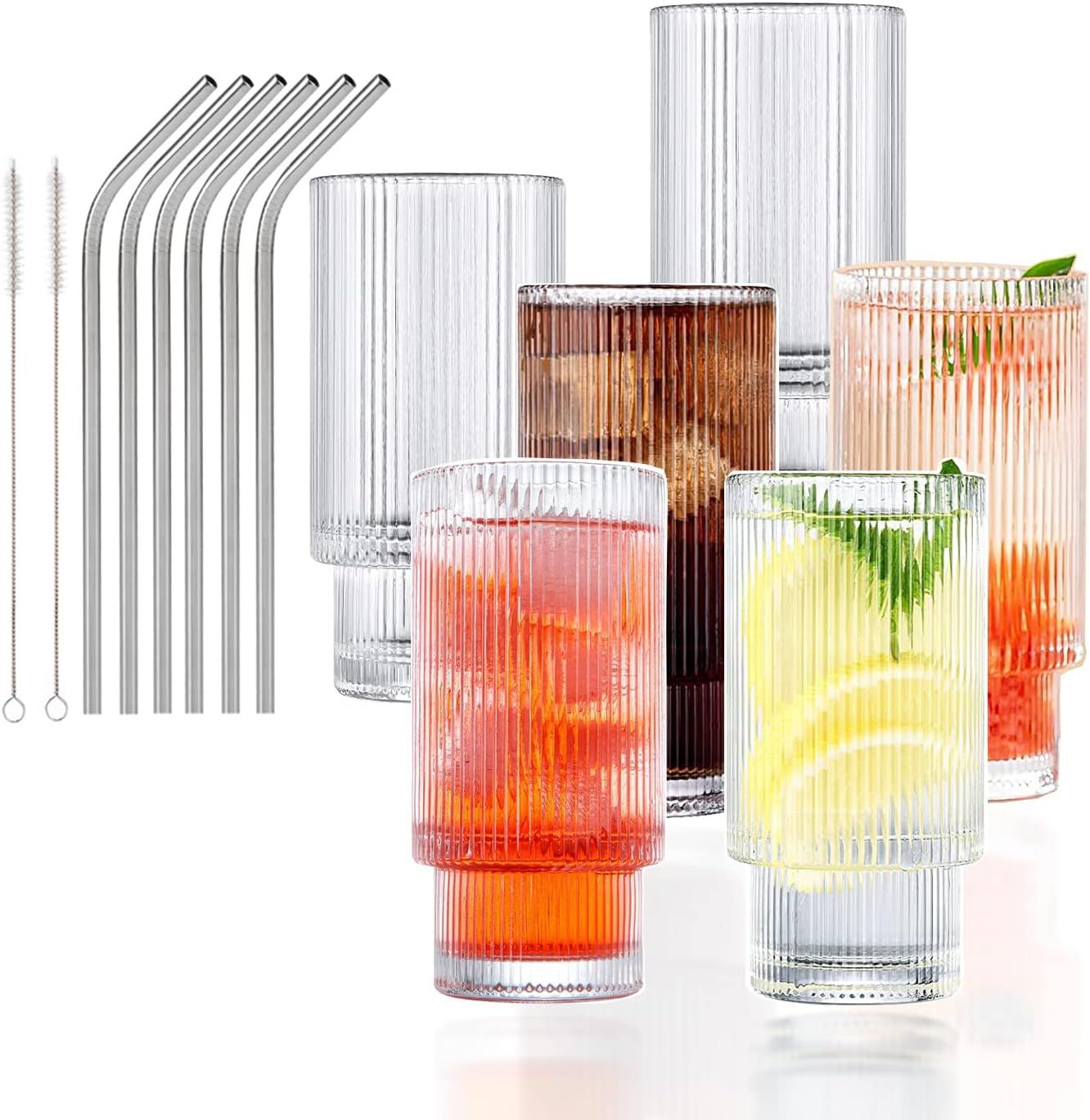 Ribbed Glassware Vintage Drinking Glasses - 11 oz Vintage Glassware Stackable Highball Origami St... | Amazon (US)