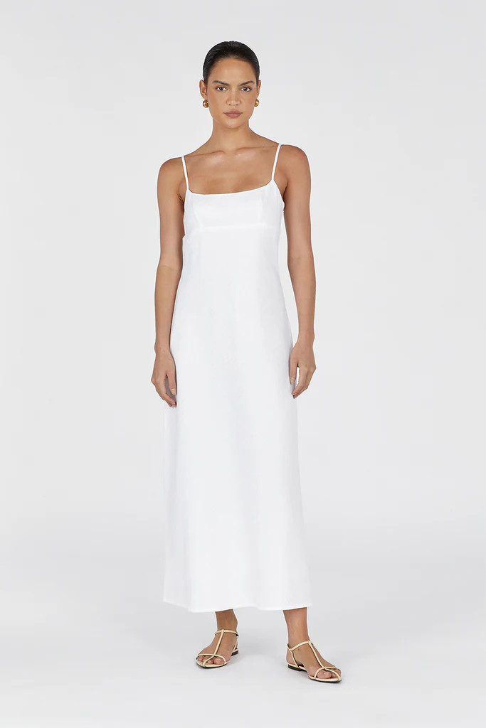 LUCIA WHITE LINEN MIDI DRESS | DISSH