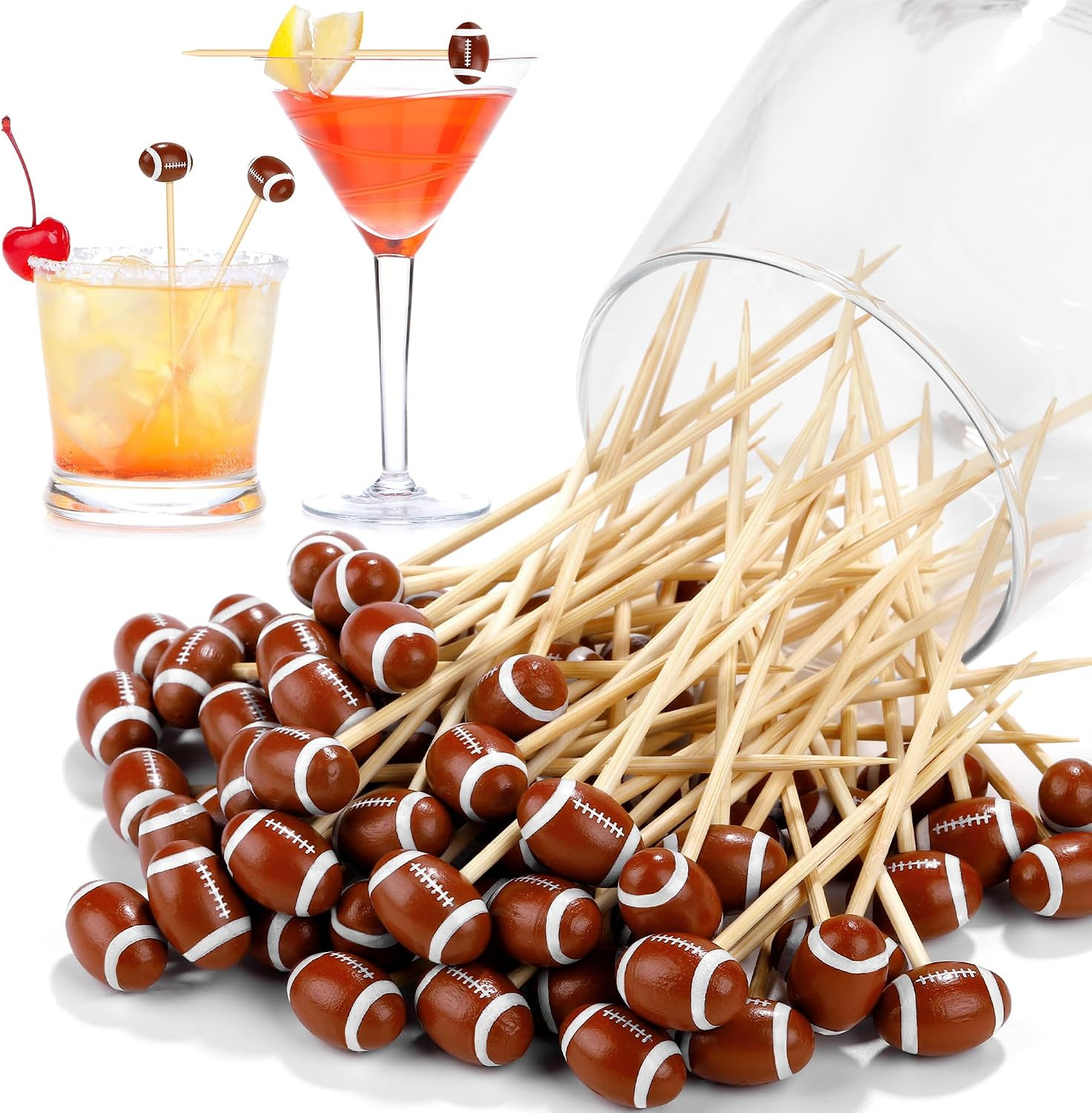 Aodaer 100 Pieces Bamboo Cocktail Picks 4.7 Inch Decorative Sports Ball End Cocktail Skewers Wooden Decorative Fruit Toothpicks Fruits Sandwich Buffets Party Supplies (Football) | Amazon (US)