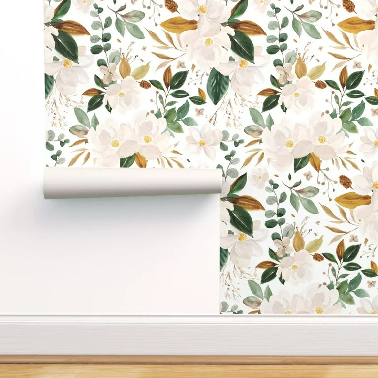 Peel-and-Stick Removable Wallpaper Gold Floral Magnolias Flowers White | Walmart (US)