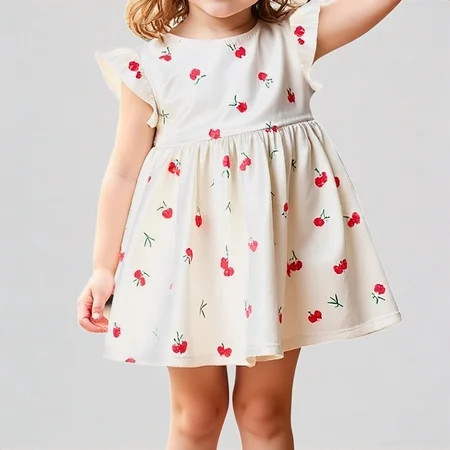 REDARER Toddler Girls' Cherry Print Flutter Sleeve Dress Casual Summer Playwear & Party Outfit,3-4 Years | Walmart (US)