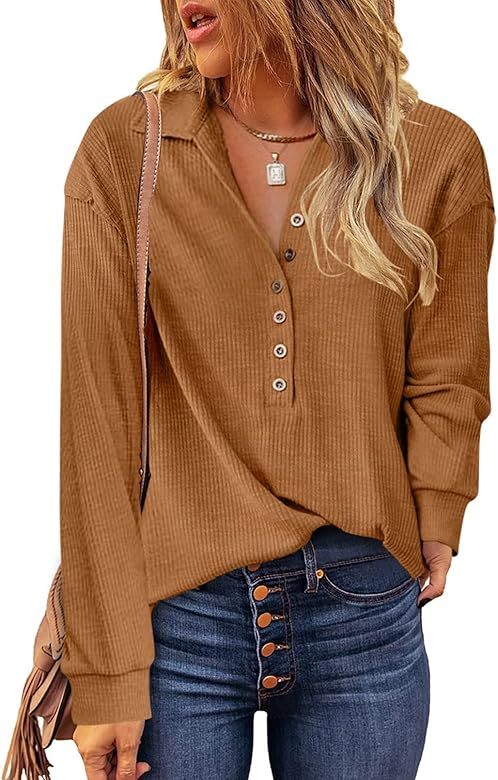 Amazon.com: AZOKOE Women Waffle Knit Tunic Tops Loose V Neck Long Sleeve Button Down Ribbed Shirt... | Amazon (US)