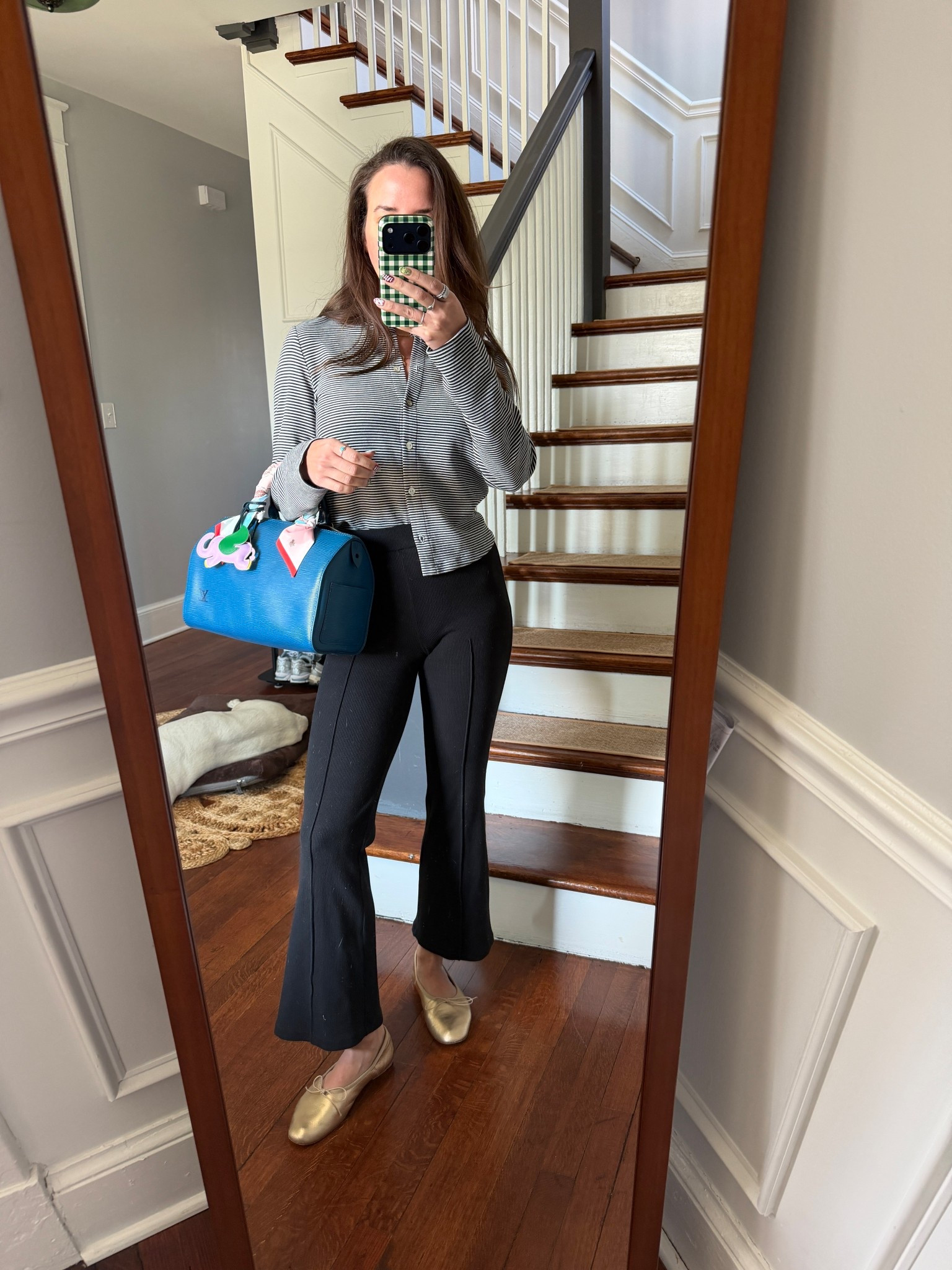 work from home spring outfit. stretch black pants. striped cardigan. donni. mansur gavriel. louis vuitton. blue bag. blue speedy. speedy bag. gold flats. 

 

#LTKootd #LTKSaleAlert