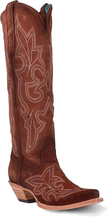 Corral Boots Womens Suede Tooled-Inlay Tall Snip Toe Casual Boots Knee High Mid Heel 2-3" - Brown | Amazon (US)