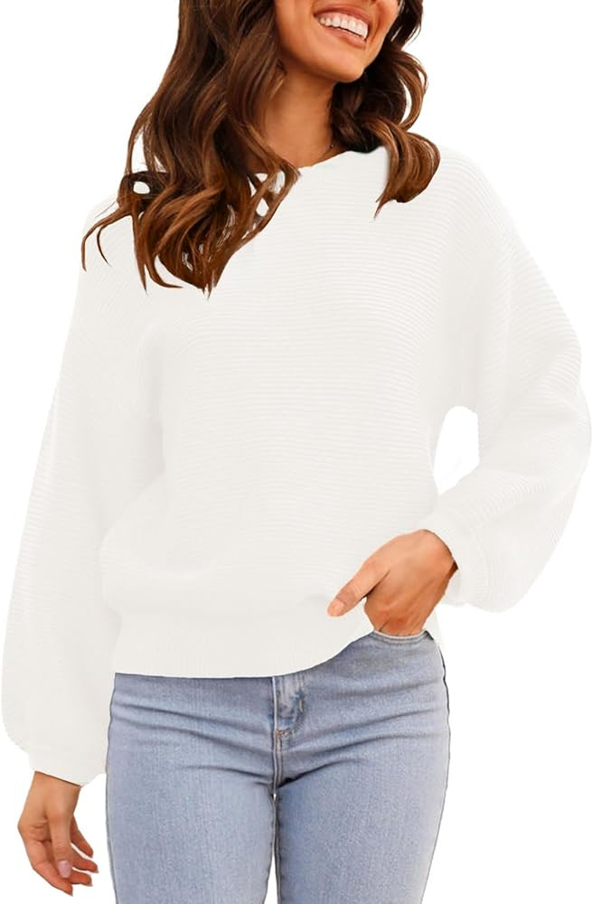 ARTFREE Womens Ribbed Knit Crewneck Sweater Lantern Sleeve Casual Loose Stretchy Solid Fall Winte... | Amazon (US)
