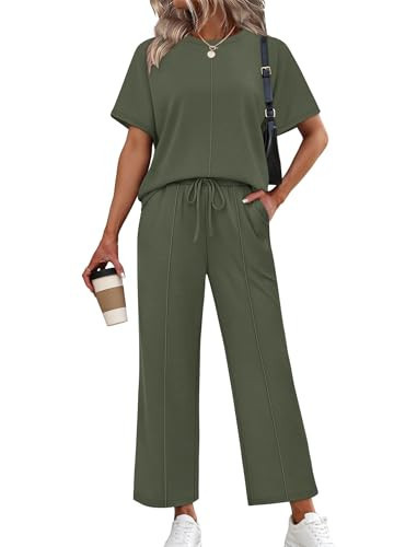 Sampeel Two Piece Lounge Sets for Women Casual Summer Outfits Vacation Beach Travel Airport Outfits Cruise Spring Fashion 2026 Matching Sets Women Clothing Olive Green XL | Amazon (US)