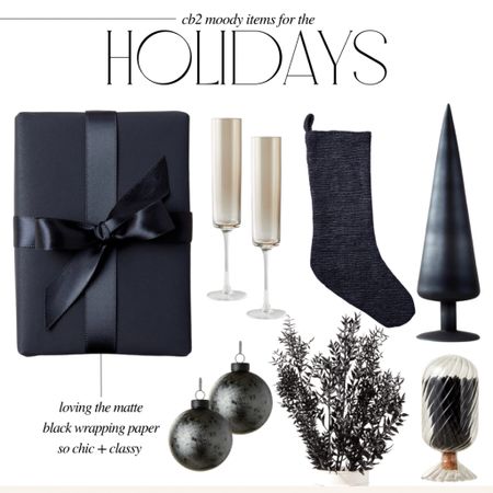 Always obsessed with a moody holiday moment! Cb2 always delivers. Moody and classy all at once.

Cb2 Christmas decor, moody Christmas, black Christmas decor, matte black wrapping pAper, smoked glass champagne flute, black ornaments, black
Skeem matches, black Christmas tree 

#LTKHoliday #LTKhome #LTKSeasonal
