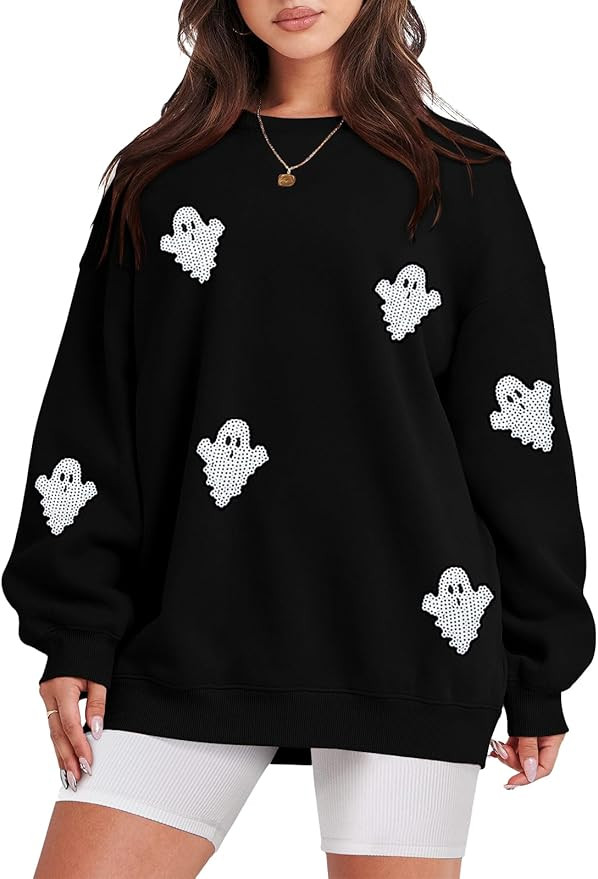 VILOVE Womens Halloween Ghost Sweatshirt: Oversized Sequin Spooky Graphic Shirts Long Sleeve Crew... | Amazon (US)