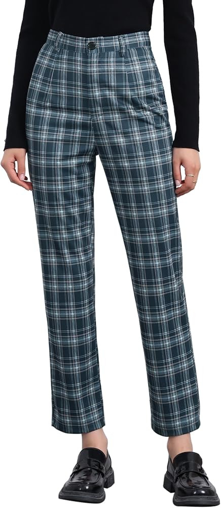 Allegra K Women's Halloween Costumes Plaid Cropped Trousers Button Casual Tartan Check Work Pants | Amazon (CA)