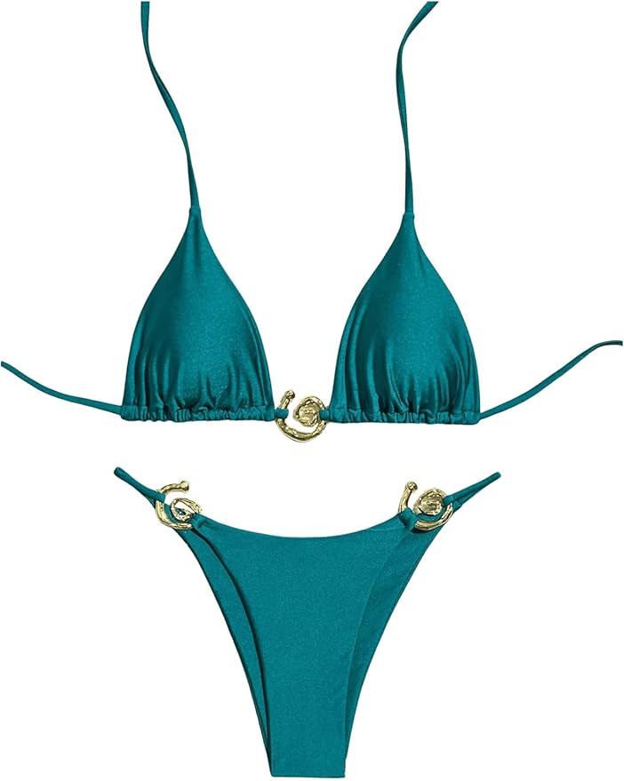 Milumia Women's 2 Piece Halter Tie Back Cheeky Swimsuit Metal Decor Triangle Thong Bikini Set | Amazon (US)