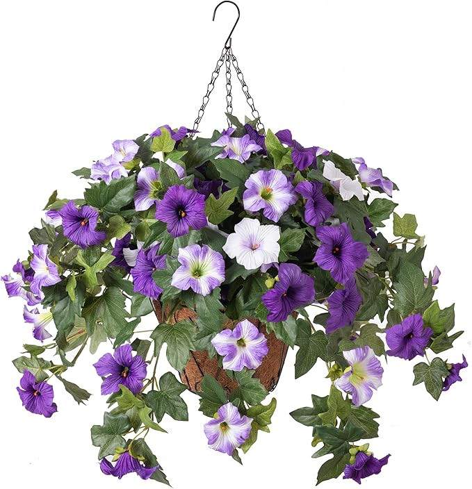 Artificial Hanging Fake Flowers with Basket Plants for Outdoor Decoration, Faux Silk Flower UV Re... | Amazon (US)