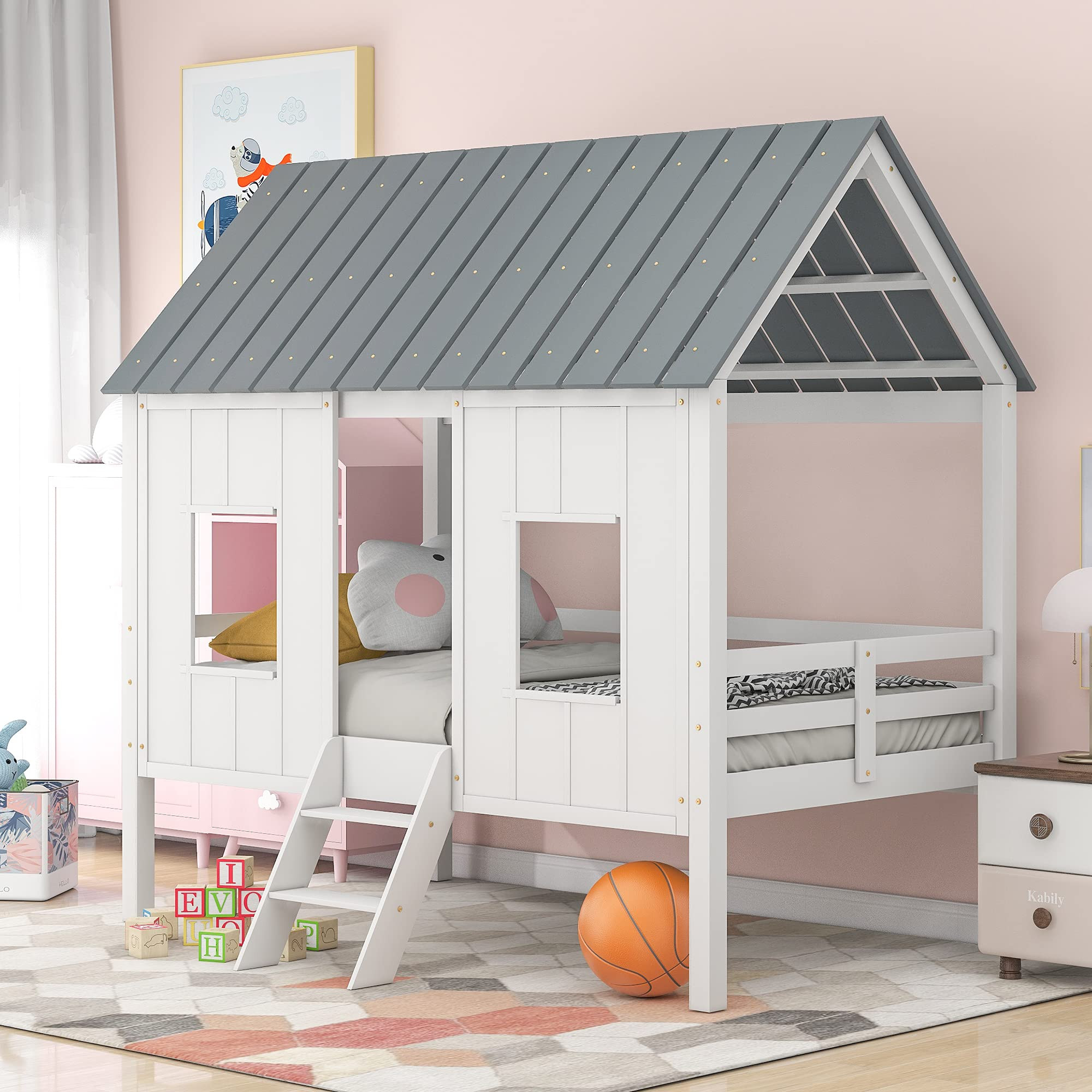 SOFTSEA Low Loft Bed with Windows and Roof, Wood House Bed with Wood Slats and No Box Spring Need... | Amazon (US)