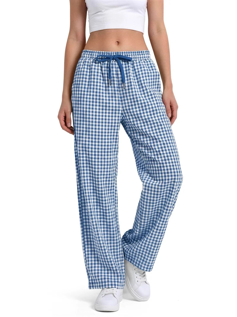Sundazz Womens Wide Leg Pants Cute Gingham Pants Comfy Drawstring Lounge Pants with Pockets,Blue,... | Walmart (US)