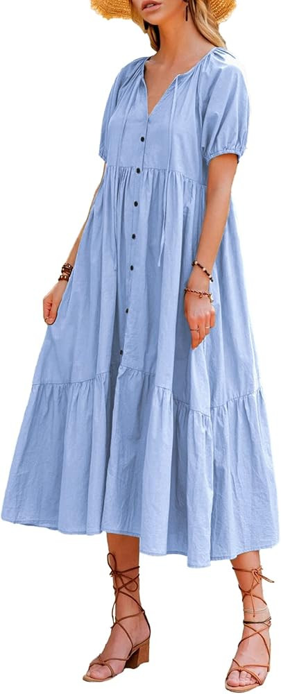 Amkoyam Women's Summer Casual Puff Short Sleeve Tie Neck Ruffle Loose A Line Midi Dress High Wais... | Amazon (US)