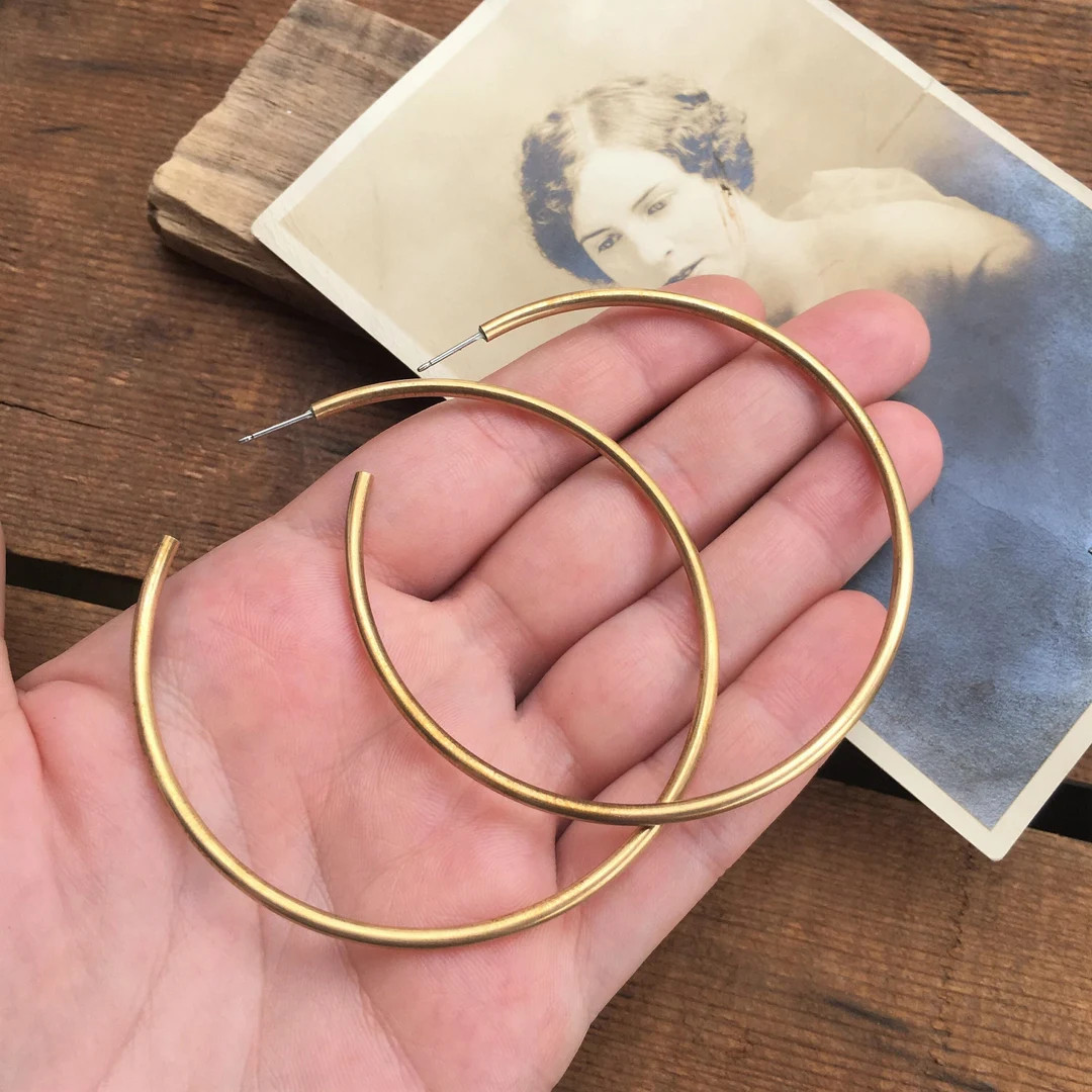 BRASS HOOP EARRINGS | Extra Large Gold Brass Hoop Earrings | Unique Boho Upcycled Post Earrings |... | Etsy (US)