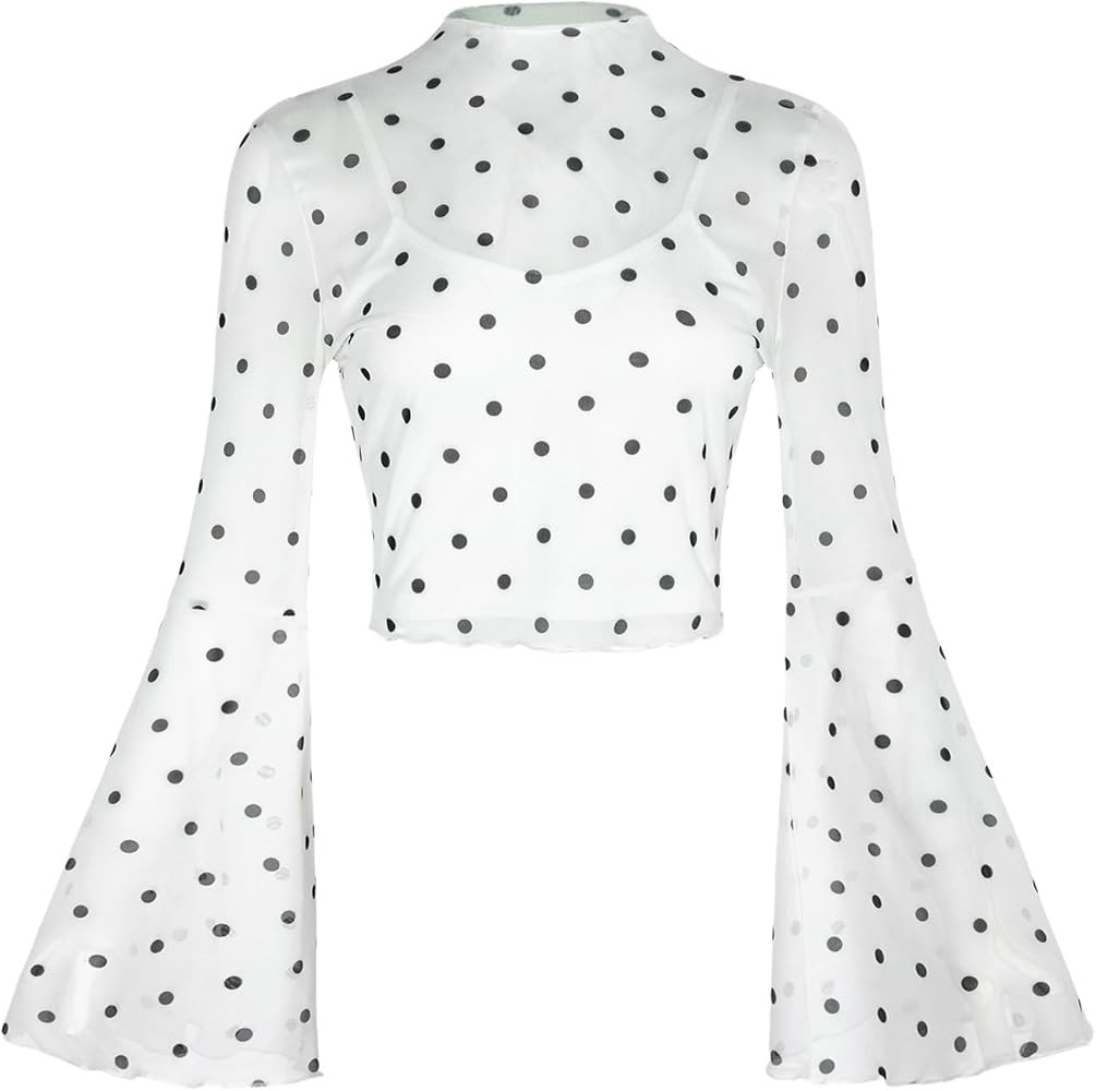 Women's Y2K Long Sleeve T Shirts Mesh Mock Neck Flare Sleeve Crop Tops Black and White Small at A... | Amazon (US)