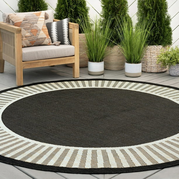Transitional Area Rug (5'3'' Round) Striped Border Black, Cream Indoor Outdoor Round Easy to Clea... | Walmart (US)