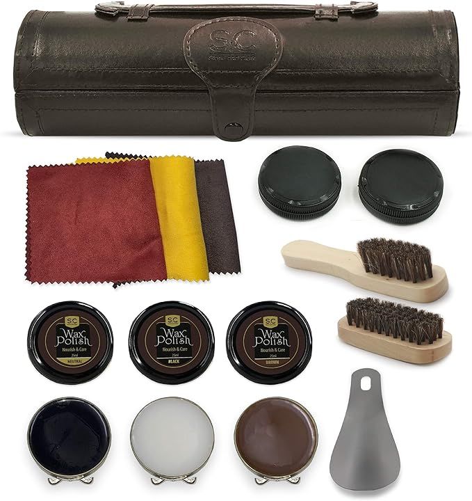 Stone & Clark 12PC Shoe Polish & Care Kit, Leather Shoe Shine Kit with Brown Wax, Shoe Brushes fo... | Amazon (US)