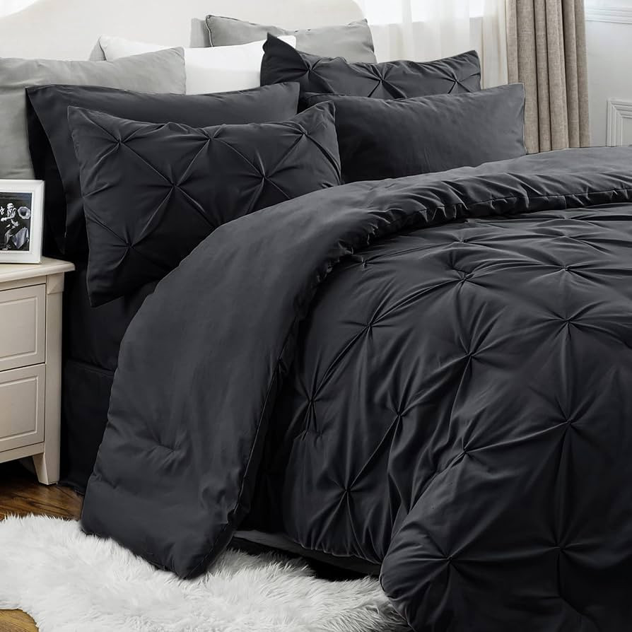Bedsure Black Comforter Set Queen - Bed in a Bag Queen 7 Pieces, Pintuck Bedding Sets Black Bed S... | Amazon (US)