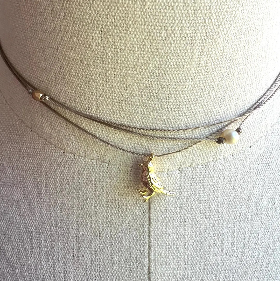 Gold Plated Bird Choker Necklace, Triple Cord, Pearl Accent, Boho Summer Jewelry | Etsy (US)