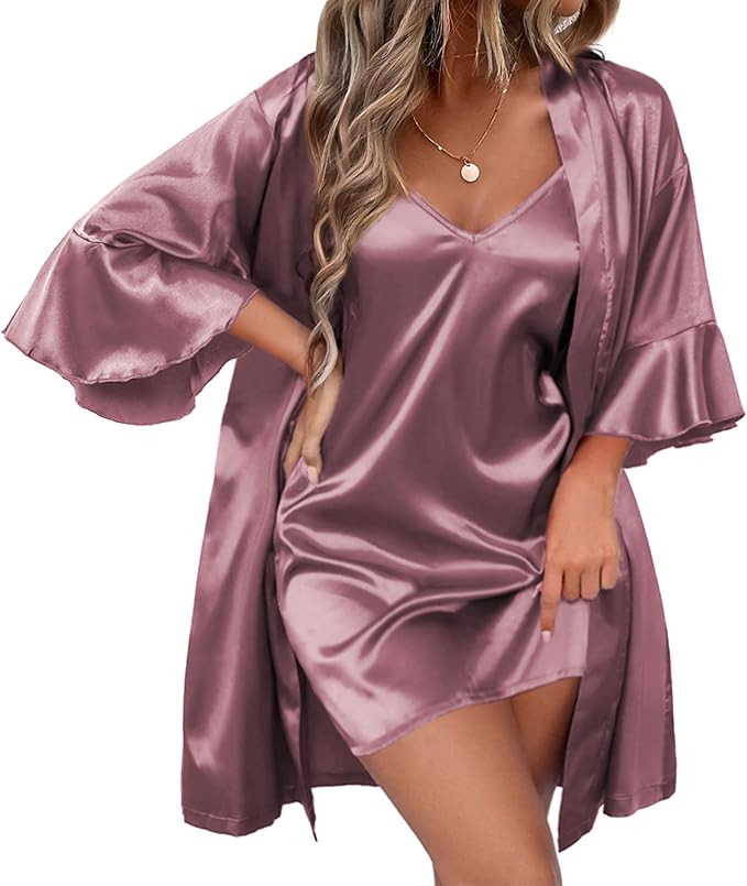 Ekouaer Women's Satin Robe Set Ruffle Sleeve 2 Piece Bridal Robes Nightgown and Bathrobe Set with... | Amazon (US)