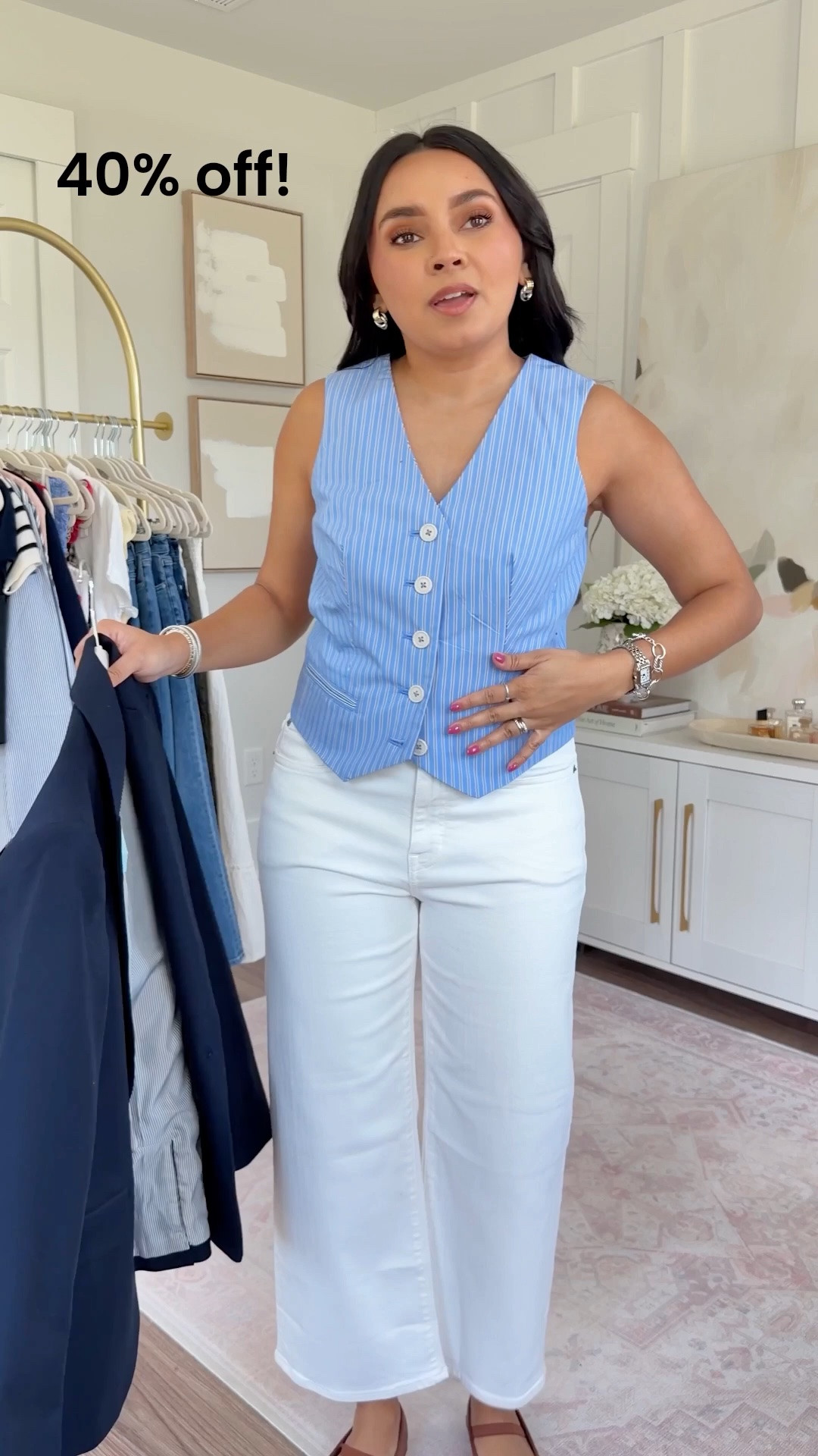 Blue stripe vest size 00 TTS
Blazer is old, similar linked
White jeans size 26 petite TTS
Brown flats size 5 TTS

#LTKootd #LTKPetite #LTKSaleAlert