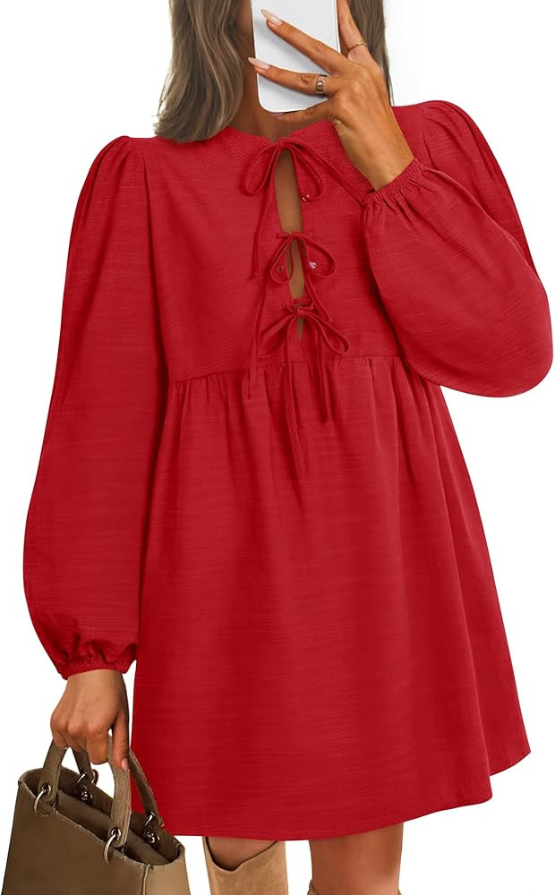 ZESICA Women's Dress Fall Long Puff Sleeve Self Tie Front Babydoll A Line Pleated Cute Mini Tunic... | Amazon (US)