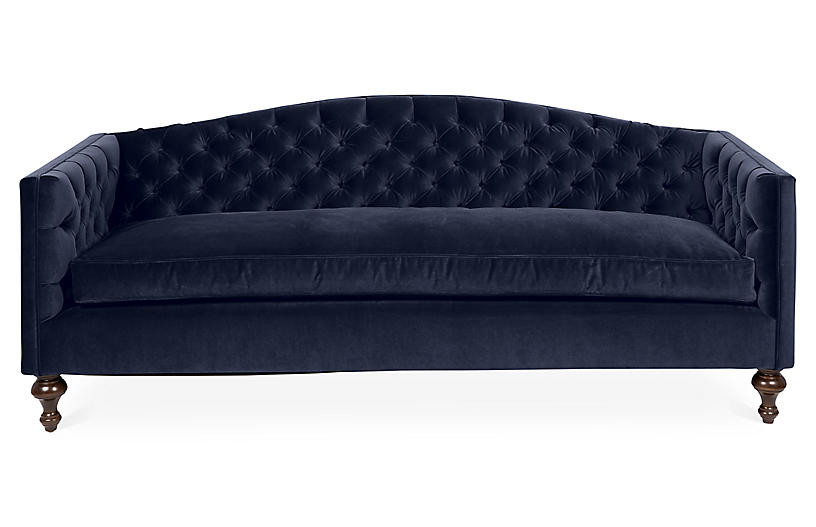 Victoria Tufted Sofa, Navy Velvet | One Kings Lane