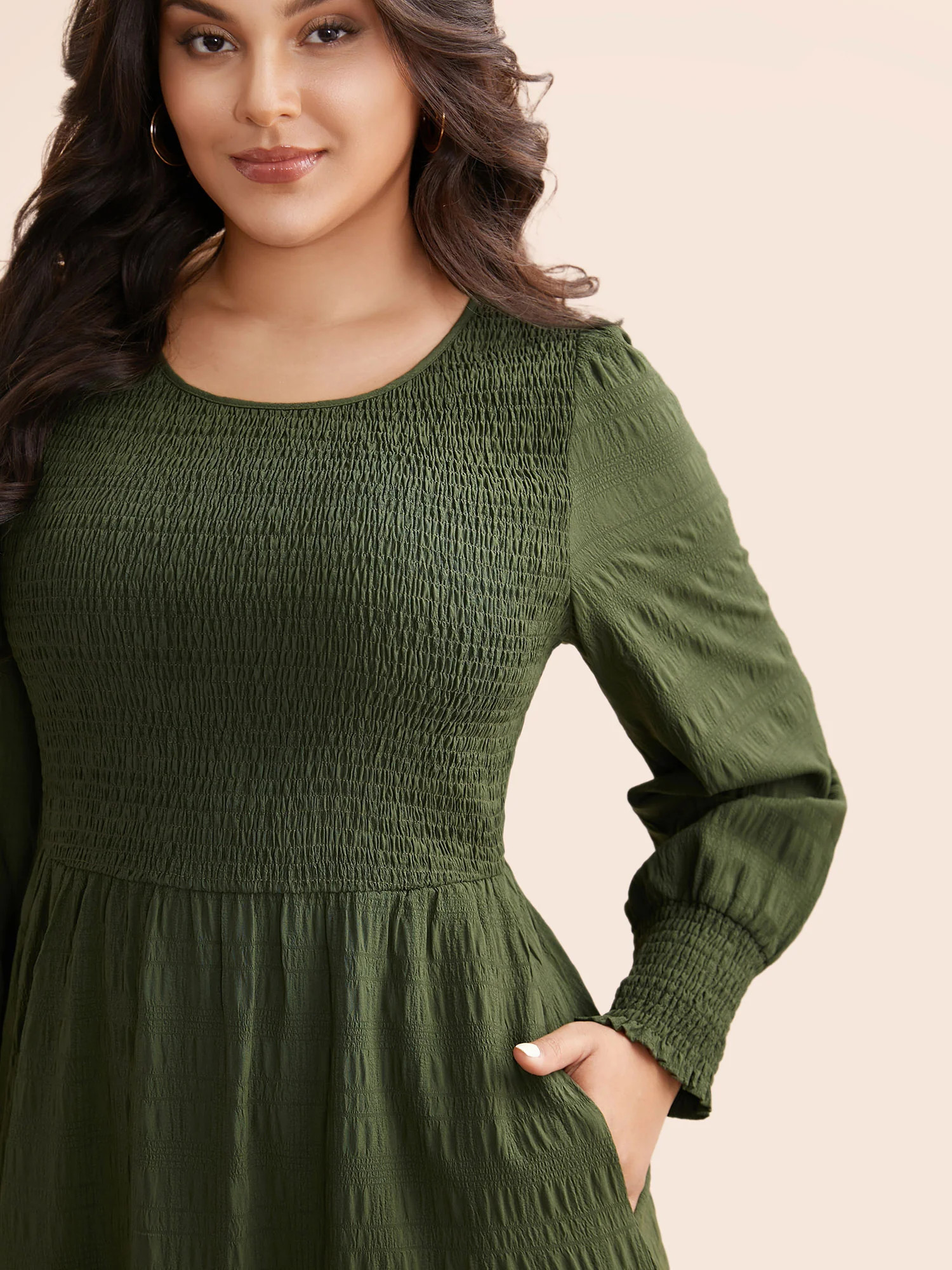 Plain Textured Shirred Midi Dress | Bloomchic