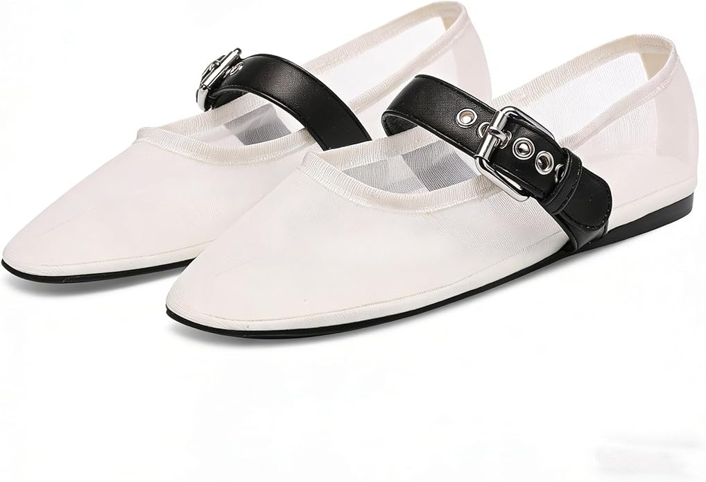 Mesh Ballet Flats for Women Buckle Strap Round Toe Mary Jane Flats Slip On Comfortable Casual Dre... | Amazon (US)