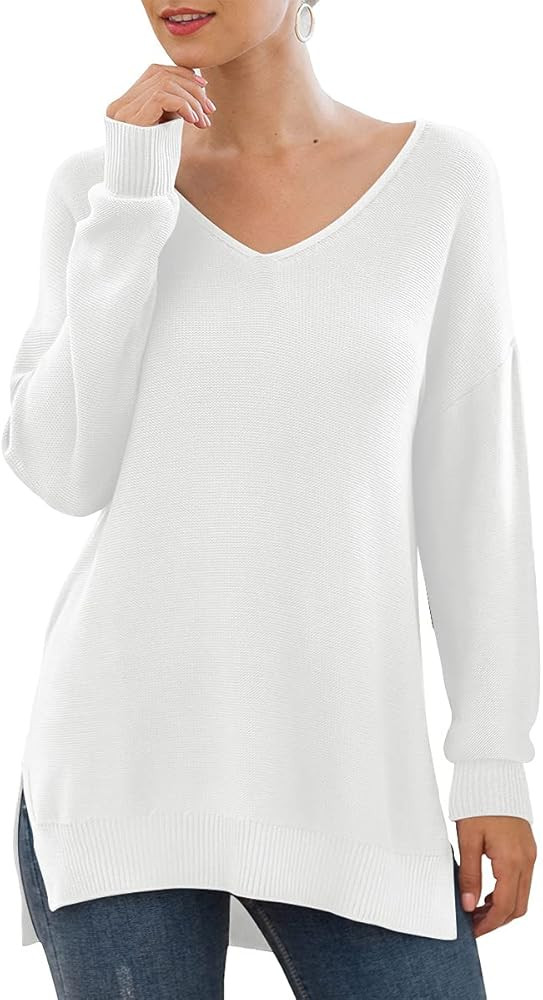 GRECERELLE Women's V-Neck Long Sleeve Side Split Loose Casual Knit Pullover Sweater Blouse | Amazon (US)