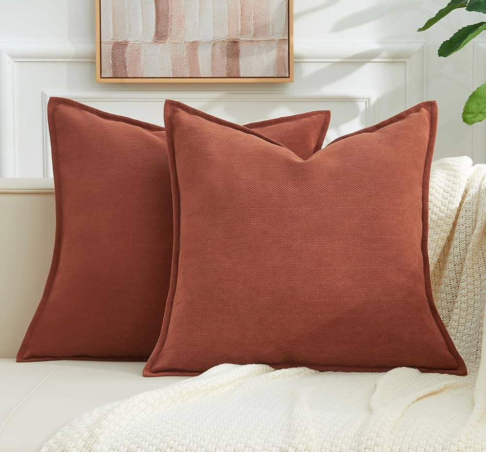 Throw Pillow Covers Rust Set of 2 18x18 Inch Fall Pillow Covers, Soft Chenille Farmhouse Neutral ... | Amazon (US)