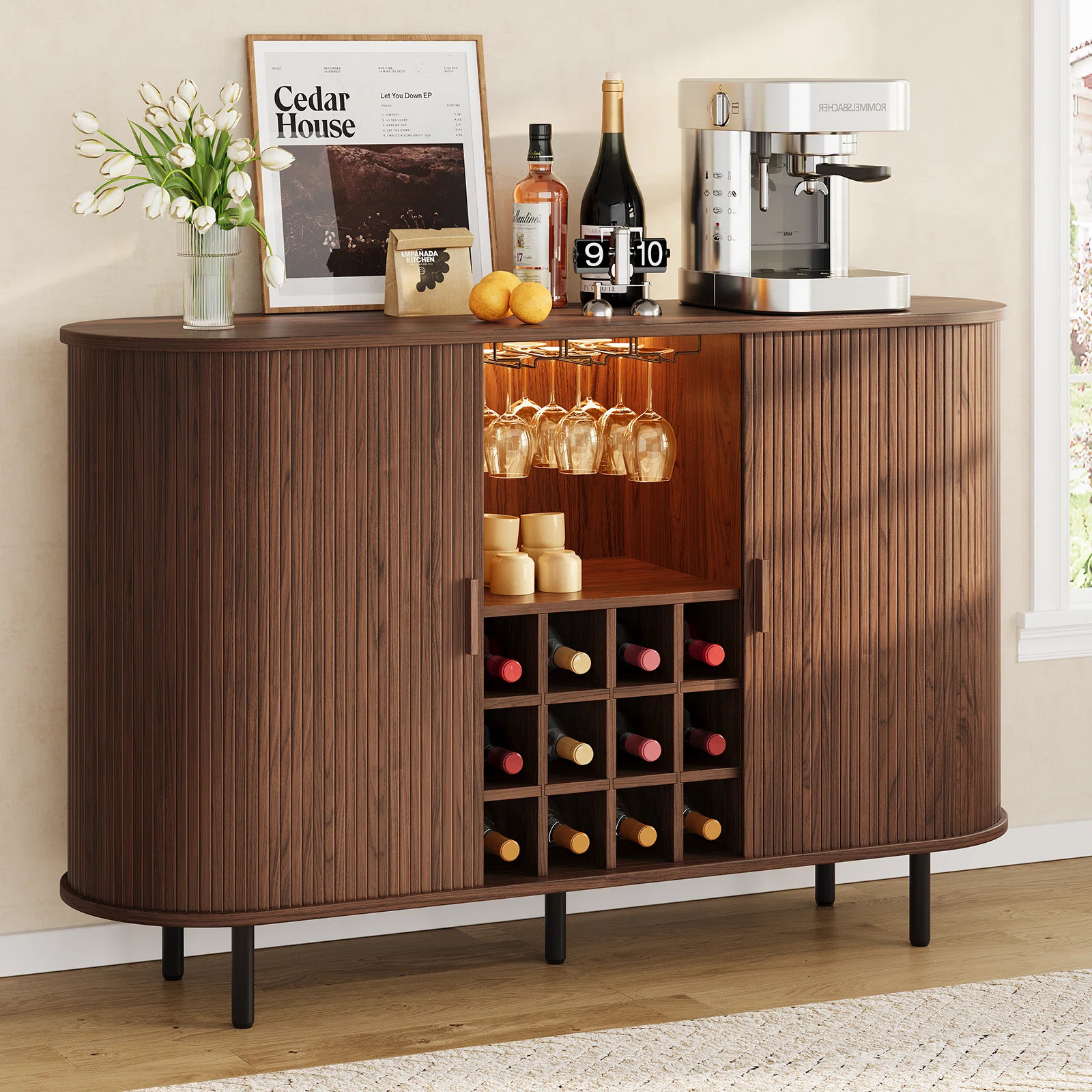 54.6'' Modern Bar Cabinet With Adjustable Shelves & RGB Lights, Wine Cabinet With Wine Glass Hold... | Wayfair North America