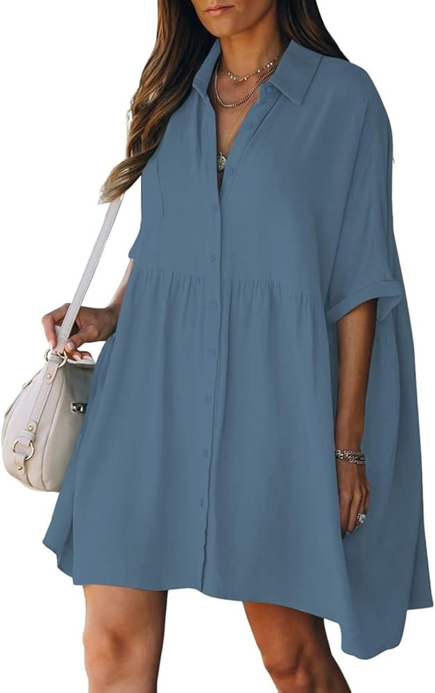 AILUNSNIKA Women Casual Shirt Beach Cover Ups Rayon Button Down Blouse Tunic Dress | Amazon (US)