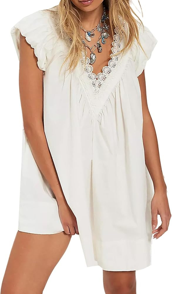 Women's Summer Casual Babydoll Mini Dress Lace V Neck Puff Sleeve Loose Boho Short Dresses | Amazon (US)
