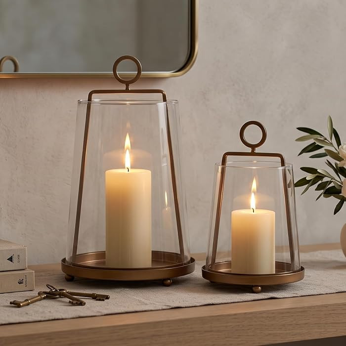 Brass T-Shape Glass Cloche Candle Holder Set of 2, Clear Hurricane Candle Lantern with Ring Handl... | Amazon (US)