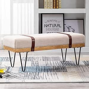 DUOMAY Industrial Modern Linen Rectangle Ottoman Bench with PU Strap and Metal Legs, Mid Century ... | Amazon (US)