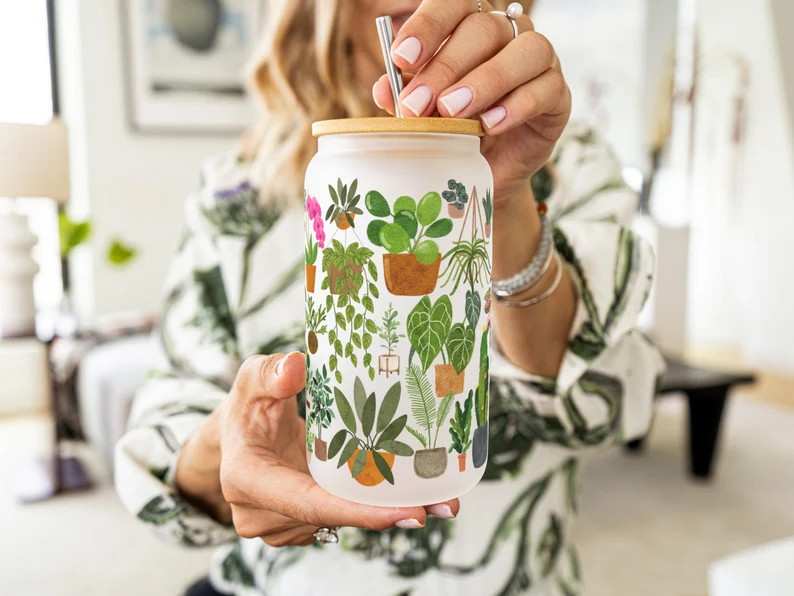 Frosted Plant Glass Cup with Lid and straw, Monstera Glass, Plant Love, Plant Lover Gift, Plant M... | Etsy (US)