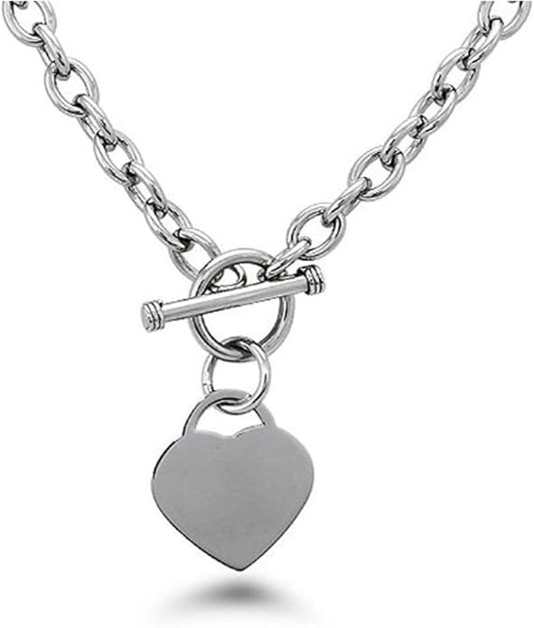 High Polished Stainless Steel Heart Charm Cable Chain Necklace with Toggle Clasp Silver (Length: ... | Amazon (US)