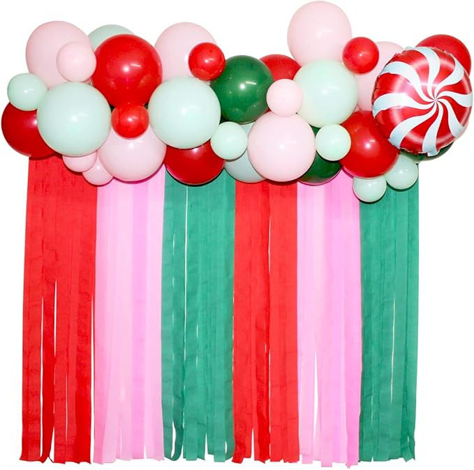 Christmas Balloon Garland Backdrop with 75Pcs Pink Red Green Balloons, Christmas Fringe Garland w... | Amazon (US)