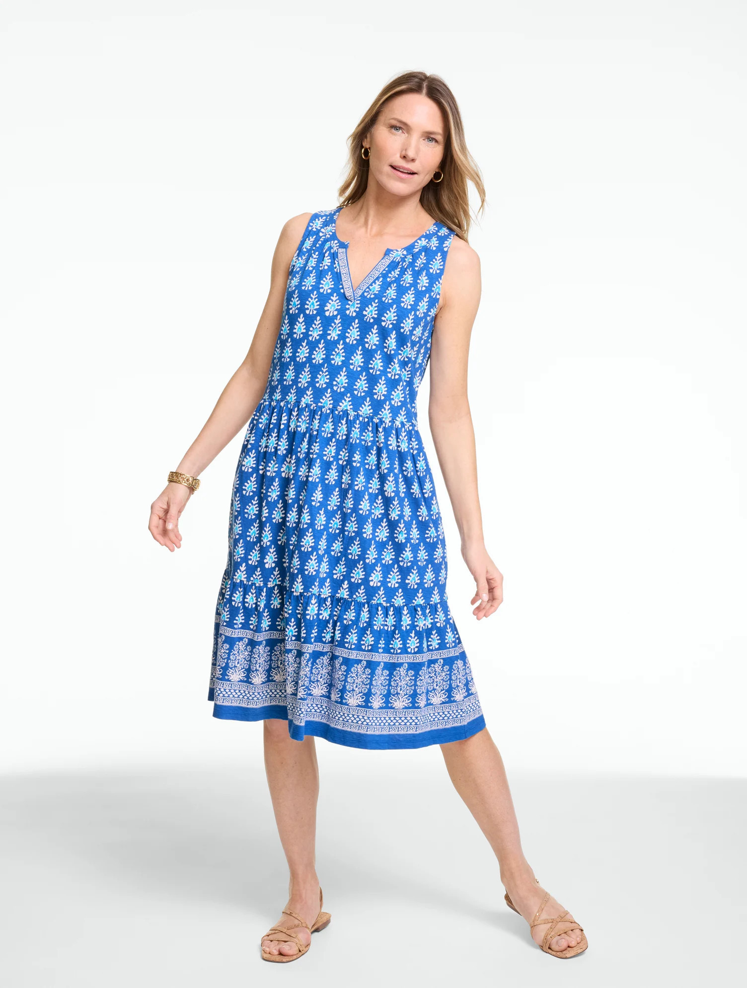 Plus Size - Nantucket Slub Sleeveless Tiered Dress - Woodblock Medallion - Catalina Blue - 2X Talbots | Talbots