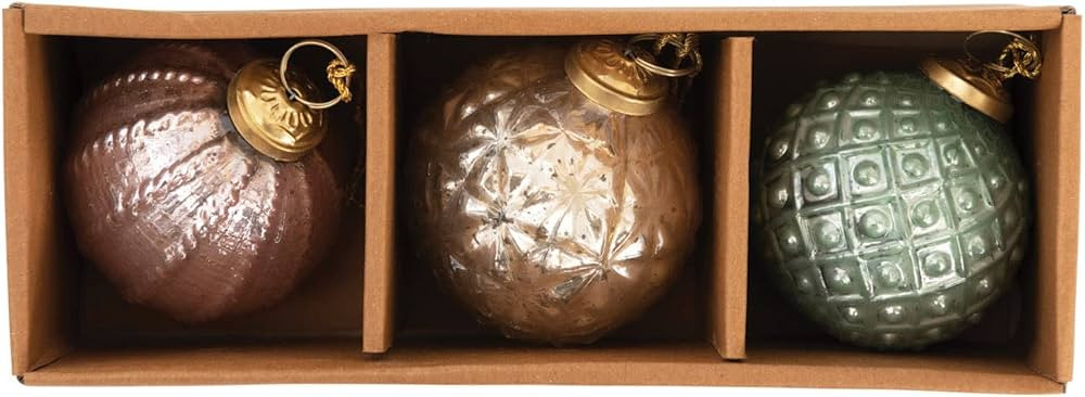 Creative Co-Op Embossed Glass Ornaments in Kraft Box, Pink, Green and Gold Color, Set of 3 | Amazon (US)
