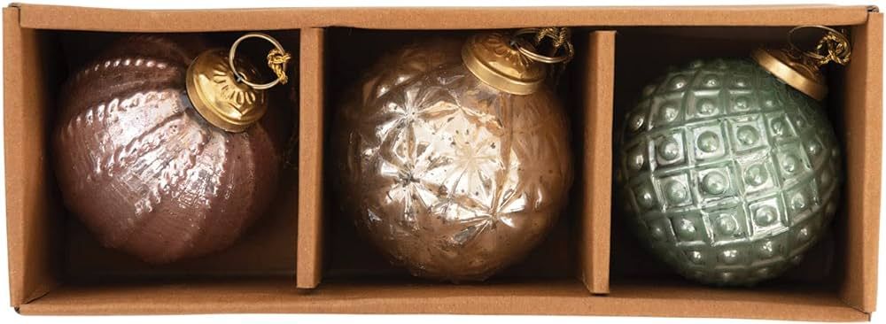 Creative Co-Op Embossed Glass Ornaments in Kraft Box, Pink, Green and Gold Color, Set of 3 | Amazon (US)