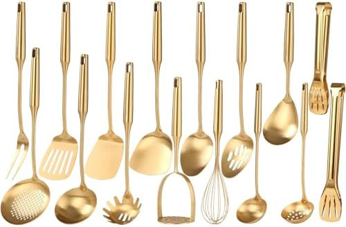 Gold Cooking Utensils Set - 18/10 Stainless Steel Small and Large Spoons Set, 16 PCS All Metal Ki... | Amazon (US)