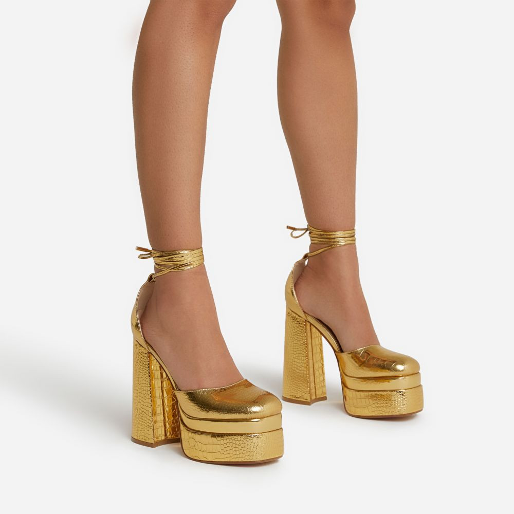 Nola Lace Up Square Closed Toe Statement Platform Block Heel In Gold Croc Print Patent | EGO Shoes (US & Canada)