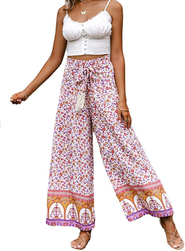 GRACEVINES Women’s Summer Boho Floral Wide Leg Pants Elastic High Waist Loose Casual Beach Pala... | Amazon (US)