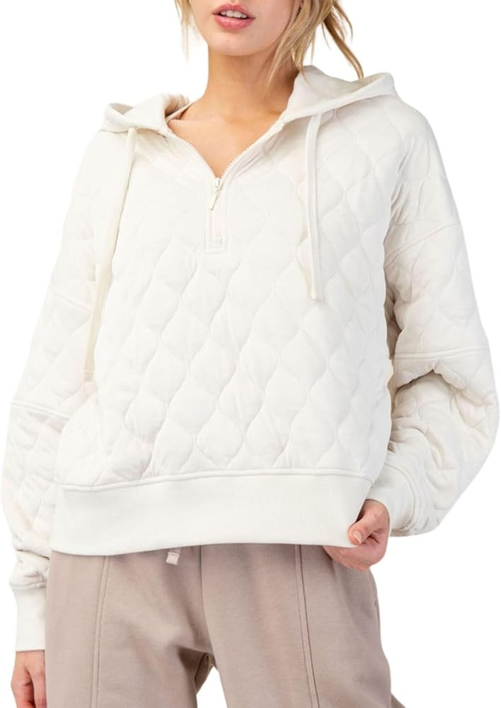 Womens Lightweight Quilted Zipper Long Sleeve V Neck Hoodies Pullover Casual Sweatshirts Tops | Amazon (US)
