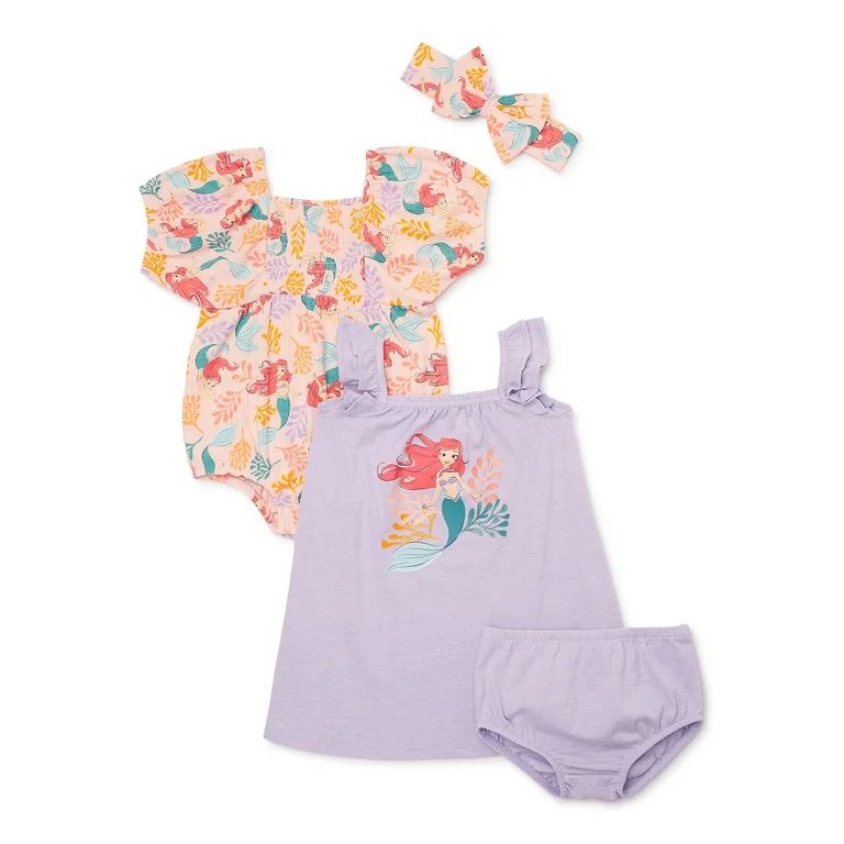 The Little Mermaid Baby Girl Sundress, Romper and Diaper Cover Outfit Set with Headband, Sizes 0/... | Walmart (US)