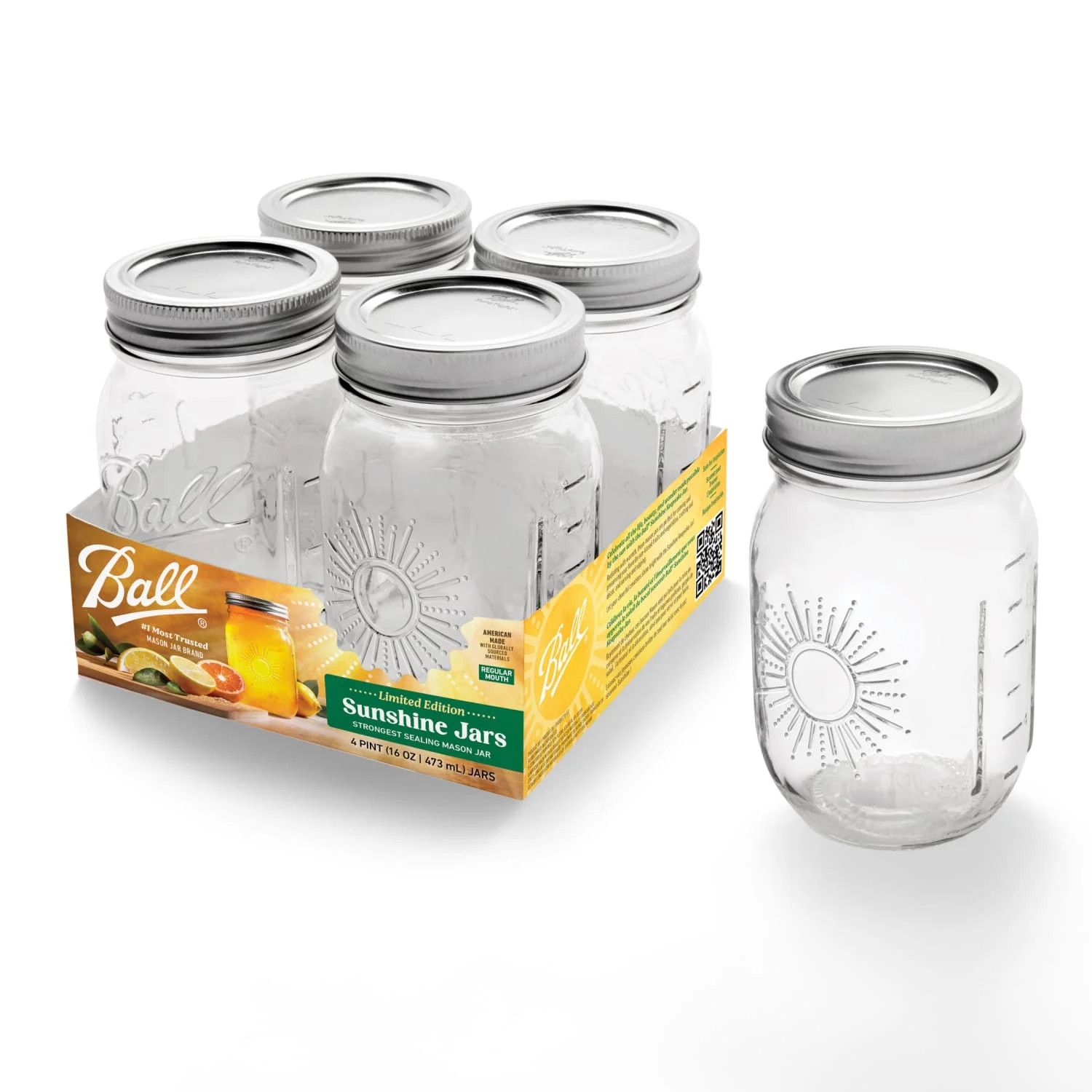 Limited Edition Ball Sunshine Keepsake Mason Jars, 16 oz. Regular Mouth Glass Jars, Pint Size Mas... | Walmart (US)